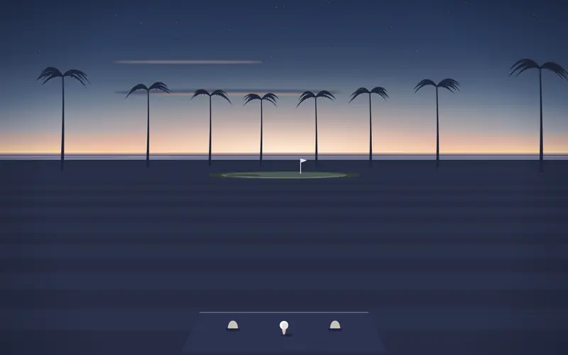 Illustration: a short par-3 hole to a small green with palms and the sea on the horizon behind (a drawing, not a view of the course)