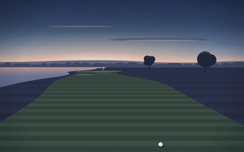 Illustration: an open fairway with small bunkers running beside a broad river, the green on the riverbank (a drawing, not a view of the course)