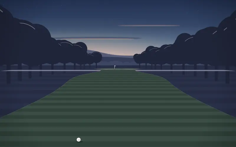 Illustration: a perfectly straight fairway between neat rows of trees, a water hazard across it and the green framed by two bunkers (a drawing, not a view of the course)