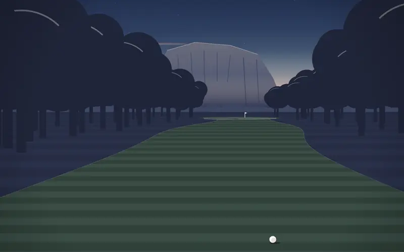 Illustration: a fairway through thick forest towards a green below a craggy rock wall (a drawing, not a view of the course)